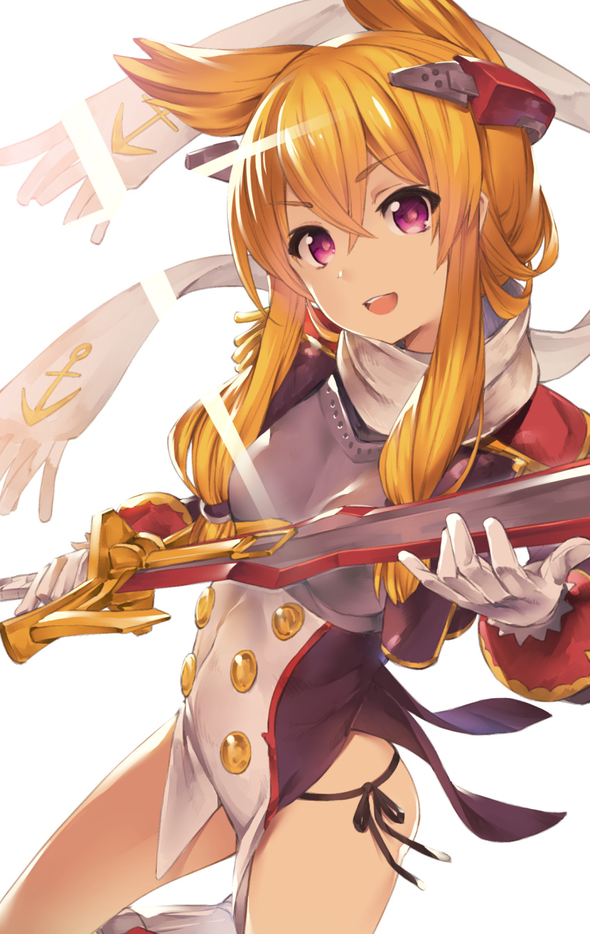1girl :d akanagi_youto azur_lane blonde_hair breastplate breasts commentary_request covered_navel gloves hair_between_eyes hair_flaps highres holding holding_sword holding_weapon leg_up long_sleeves looking_at_viewer open_mouth panties revision scarf side-tie_panties side_slit sidelocks simple_background small_breasts smile solo sword underwear violet_eyes warspite_(azur_lane) weapon white_background white_gloves white_scarf