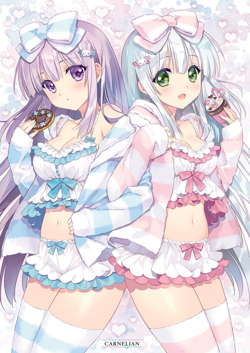 2girls :d airi_(alice_or_alice) alice_or_alice aqua_ribbon blush bow breasts bunny_hair_ornament cardigan carnelian cleavage collarbone cowboy_shot crop_top cupcake doughnut eyebrows_visible_through_hair floating_hair food green_eyes hair_between_eyes hair_bow hair_ornament heart highres holding holding_food locked_arms long_hair medium_breasts midriff multiple_girls navel open_cardigan open_clothes open_mouth parted_lips pink_hair pink_ribbon ribbon ribbon-trimmed_shorts ribbon_trim rise_(alice_or_alice) short_shorts shorts silver_hair smile standing stomach striped striped_bow striped_cardigan striped_legwear thigh-highs very_long_hair violet_eyes white_legwear white_shorts