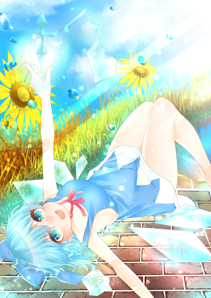 1girl :d absurdres arm_up ayatokiji bangs bare_arms bare_legs barefoot bent_knees blue_bow blue_dress blue_eyes blue_hair blue_sky blush bow breasts brick_floor cirno clouds cloudy_sky collarbone commentary_request day dress ear eyebrows_visible_through_hair eyelashes eyes_visible_through_hair fingernails flower frozen_flower grass hair_between_eyes hair_bow highres ice ice_wings knees_together_feet_apart knees_up large_breasts looking_at_viewer lying magic neck_ribbon no_bra no_shirt nose_blush on_back open_mouth outdoors outstretched_arms parted_lips pinafore_dress red_neckwear ribbon short_eyebrows short_hair sideboob sky smile solo summoning sunflower sunlight thighs touhou water water_drop wings