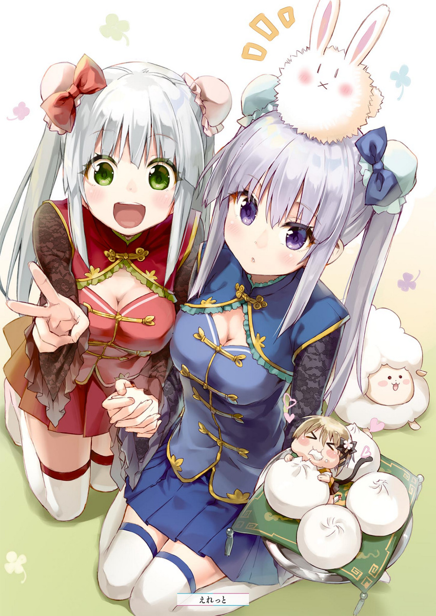 2girls :d airi_(alice_or_alice) alice_or_alice animal animal_on_head blue_bow blue_skirt bow breasts brown_hair bunny_on_head cat_tail cleavage cleavage_cutout double_bun eating eretto eyebrows_visible_through_hair from_above green_eyes hair_between_eyes hair_bow hand_holding highres interlocked_fingers kneeling long_hair looking_at_viewer medium_breasts miniskirt multiple_girls on_head open_mouth parted_lips pleated_skirt rabbit red_bow red_skirt rise_(alice_or_alice) sidelocks silver_hair skirt smile tail thigh-highs twintails v very_long_hair violet_eyes white_legwear zettai_ryouiki
