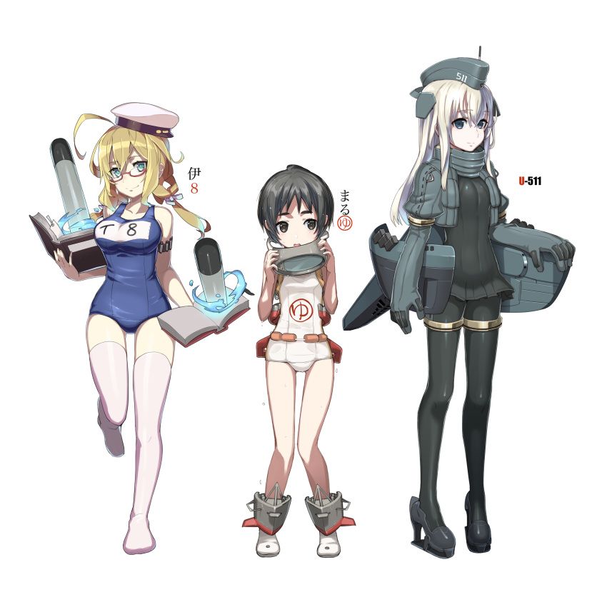 3girls :o absurdres ahoge arm_strap black_hair blonde_hair blue_eyes bodysuit book bookmark breasts brown_eyes character_name closed_mouth cropped_jacket diving_mask eyebrows eyebrows_visible_through_hair full_body garrison_cap glasses green_eyes hat high_heels highres holding holding_book i-8_(kantai_collection) kantai_collection long_hair long_sleeves low_twintails machinery maru-yu_(kantai_collection) medium_breasts multiple_girls name_tag number one-piece_swimsuit open_book puffy_long_sleeves puffy_sleeves red-framed_eyewear school_swimsuit semi-rimless_eyewear short_hair smile solo standing standing_on_one_leg swimsuit thigh-highs tonami_kanji torpedo twintails u-511_(kantai_collection) under-rim_eyewear wet wet_hair white_background white_hair white_legwear white_school_swimsuit white_swimsuit