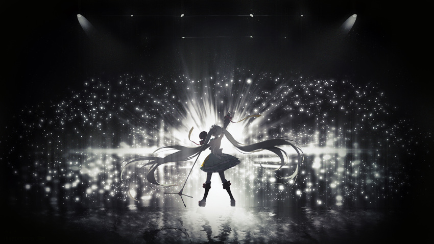 1girl arm_up backlighting black_legwear blue_dress blue_hair boots bow detached_sleeves dress facing_away full_body hair_ornament hatsune_miku highres holding knee_boots layered_dress legs_apart lengchan_(fu626878068) light long_hair long_sleeves magical_mirai_(vocaloid) megaphone microphone_stand reflection solo standing thigh-highs twintails very_long_hair vocaloid water white_bow white_legwear