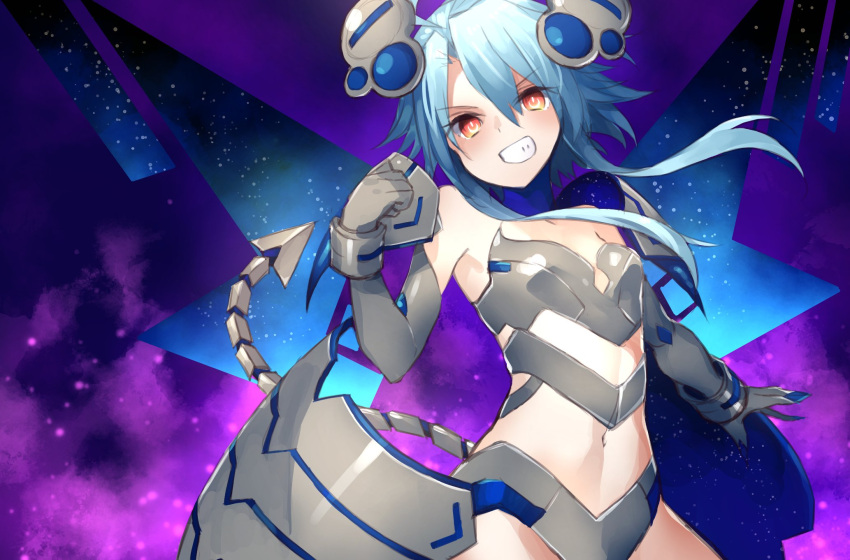 1girl bare_shoulders blancpig_yryr blue_hair clenched_hand demon_tail elbow_gloves gloves grin highres looking_at_viewer mechanical_tail midriff navel nepnep_connect:_chaos_chanpuru neptune_(series) power_symbol red_eyes short_hair_with_long_locks smile solo symbol-shaped_pupils tail tattoo white_heart_(chaos_form) wings