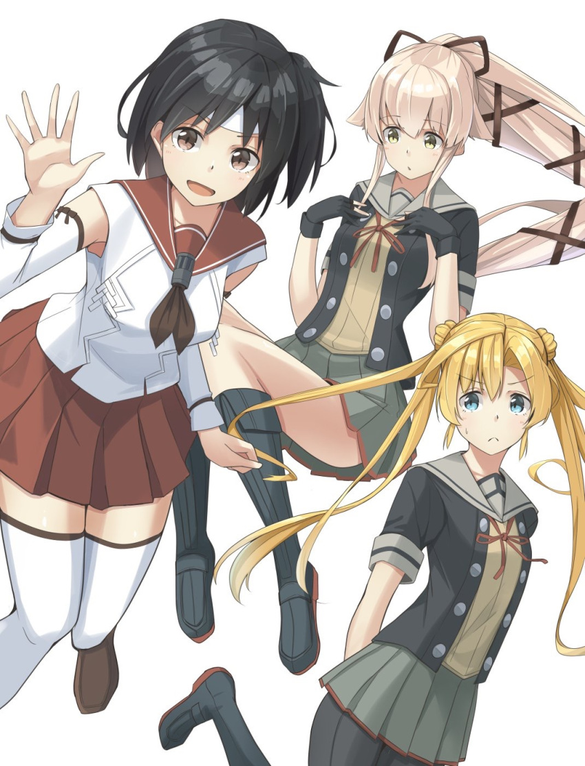 3girls :d abukuma_(kantai_collection) black_gloves black_hair blonde_hair blue_eyes brown_eyes buttons commentary_request detached_sleeves eyebrows_visible_through_hair gloves grey_sailor_collar grey_skirt hair_between_eyes highres kantai_collection long_hair multiple_girls nagara_(kantai_collection) negahami open_mouth partly_fingerless_gloves pink_hair pleated_skirt ponytail red_sailor_collar red_skirt remodel_(kantai_collection) sailor_collar school_uniform serafuku short_hair short_sleeves simple_background skirt smile thigh-highs twintails v-shaped_eyebrows very_long_hair white_background white_legwear yellow_eyes yura_(kantai_collection)