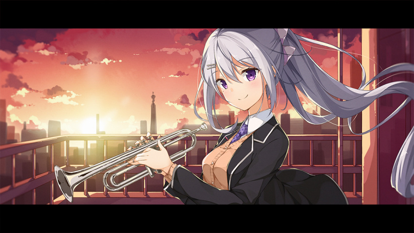 1girl bangs black_blazer blazer blush bow breasts brown_cardigan cardigan cityscape closed_mouth clouds collared_shirt commentary_request eyebrows_visible_through_hair fingernails hair_between_eyes hair_bow hair_ornament hairclip higuchi_kaede holding holding_instrument instrument jacket long_hair looking_at_viewer medium_breasts necktie nijisanji open_blazer open_clothes open_jacket outdoors plaid_neckwear ponytail purple_neckwear red_sky school_uniform shirt silver_hair sky smile solo sun sunlight sunset taiyaki_(astre) trumpet upper_body very_long_hair violet_eyes virtual_youtuber white_bow white_shirt