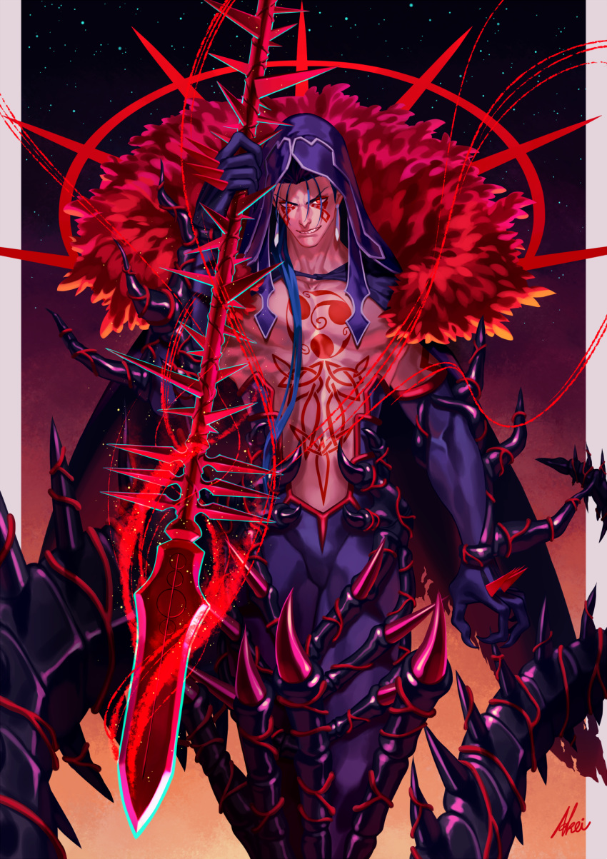 1boy blue_hair chest_tattoo cowboy_shot cu_chulainn_alter_(fate/grand_order) earrings facepaint facial_mark facial_tattoo fate/grand_order fate_(series) gae_bolg gloves gradient gradient_background highres holding holding_spear holding_weapon hood iroha_(akei0710) jewelry long_hair male_focus polearm red_eyes sharp_teeth solo spear spikes tail tattoo teeth weapon