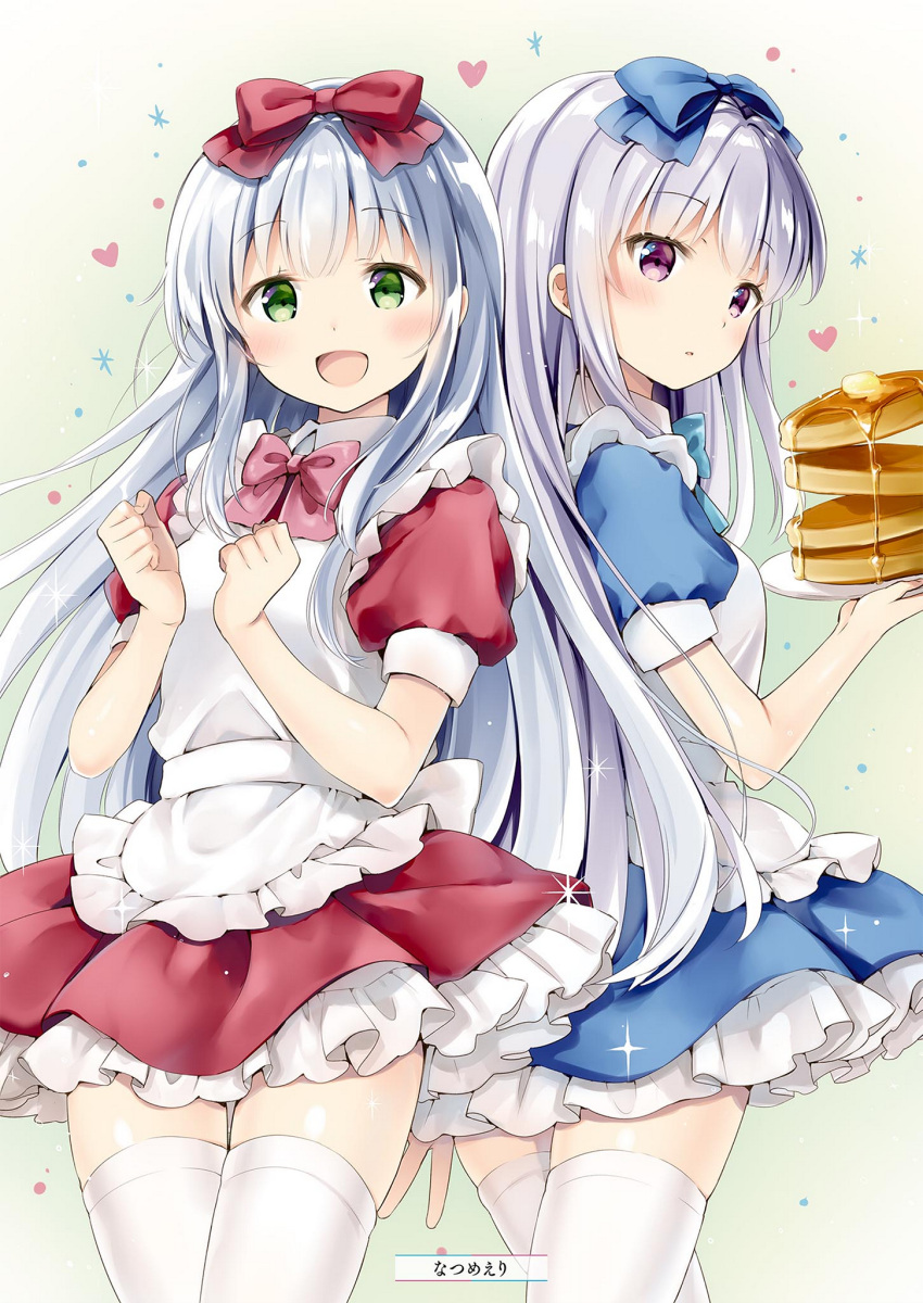 2girls :d airi_(alice_or_alice) alice_or_alice apron artist_name blue_bow blue_neckwear blue_shirt blue_skirt blush bow bowtie cowboy_shot eyebrows_visible_through_hair food frilled_skirt frills green_eyes hair_bow heart highres long_hair looking_at_viewer miniskirt multiple_girls natsume_eri open_mouth pancake parted_lips pink_bow pink_eyes pink_neckwear red_bow red_shirt red_skirt rise_(alice_or_alice) shirt short_sleeves silver_hair skirt smile standing thigh-highs very_long_hair white_apron white_legwear zettai_ryouiki