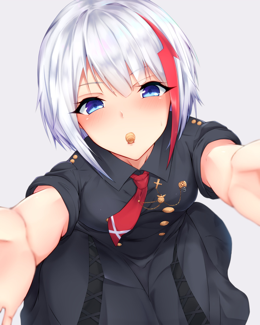 1girl admiral_graf_spee_(azur_lane) azur_lane bangs black_dress blue_eyes blush breasts bugles dress embarrassed eyebrows_visible_through_hair food highres looking_at_viewer multicolored_hair necktie offering ranju_aira reaching_out red_neckwear redhead shared_food short_hair short_sleeves sidelocks silver_hair simple_background small_breasts solo streaked_hair sweatdrop