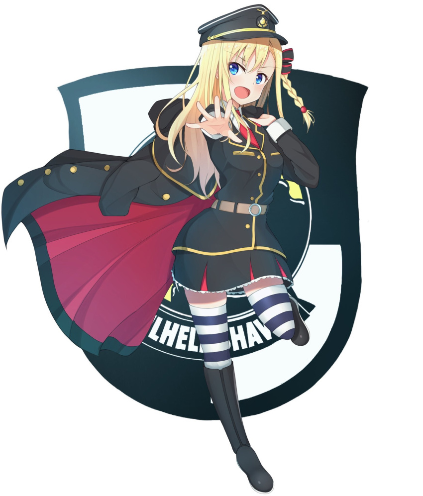 1girl black_coat black_footwear black_skirt blonde_hair blue_eyes boots braid coat coat_of_arms commentary_request foreshortening hat high_school_fleet highres long_hair looking_at_viewer military military_uniform mottsun_(i_40y) open_mouth peaked_cap red_neckwear single_braid skirt solo striped thigh-highs uniform wilhelmina_braunschweig_ingenohl_friedeburg