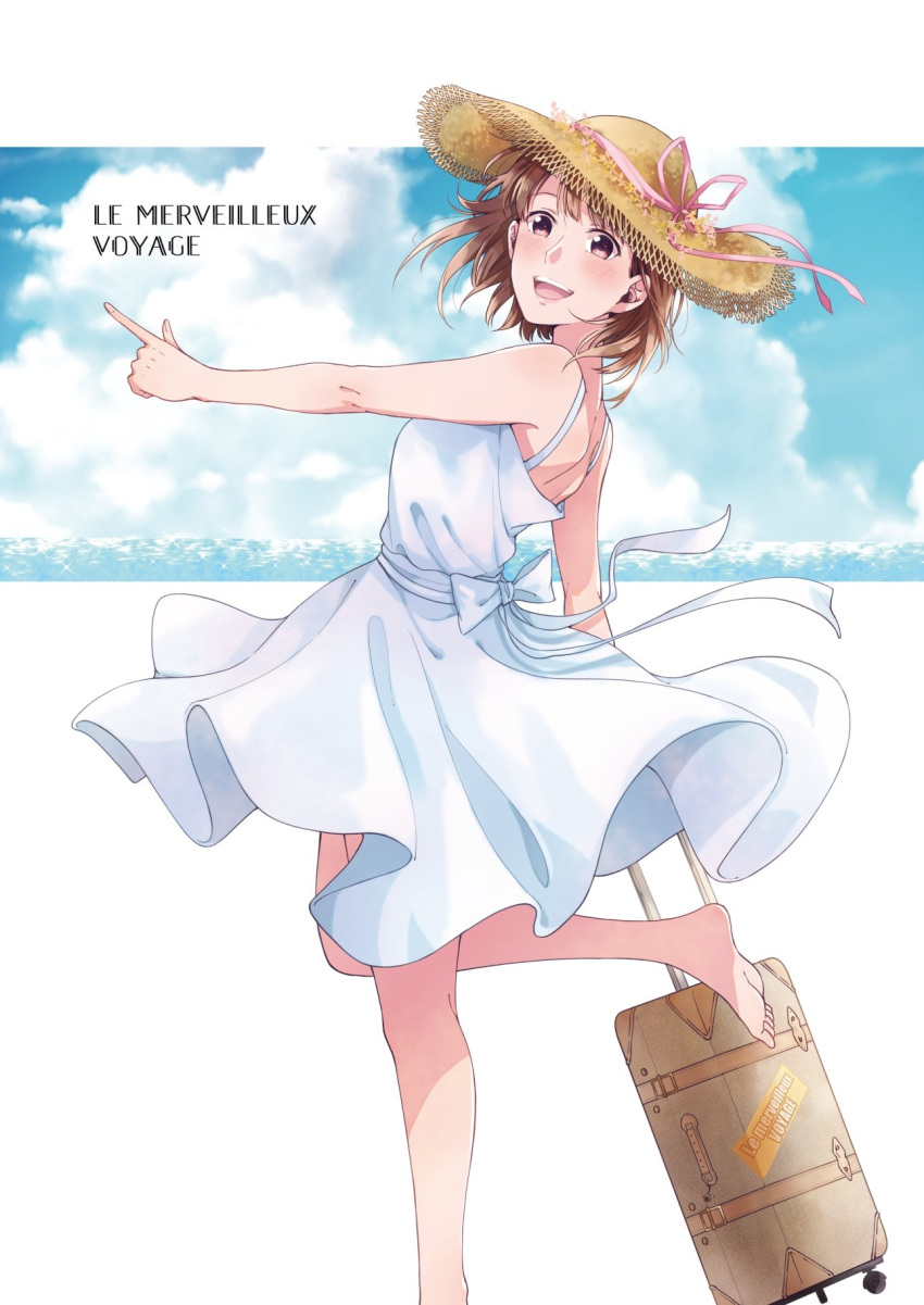 1girl :d bangs barefoot blush brown_hair clouds cloudy_sky dress hat hat_ribbon highres inami_anju kougi_hiroshi looking_at_viewer ocean open_mouth orange_hair pink_ribbon pointing real_life red_eyes ribbon sash seiyuu short_hair sky smile solo standing standing_on_one_leg straw_hat suitcase sundress white_dress white_sash