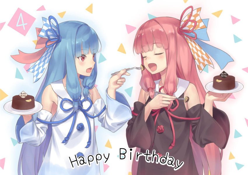 2girls :d :o abstract_background bangs bare_shoulders blue_flower blue_hair blue_ribbon blue_rose blunt_bangs blush breasts closed_eyes detached_sleeves doonatsu. dress eyebrows_visible_through_hair feeding flower food fork hair_ribbon hair_tie happy_birthday highres holding holding_fork holding_plate kotonoha_akane kotonoha_aoi long_hair long_sleeves multiple_girls open_mouth plate pudding red_flower red_ribbon red_rose redhead ribbon rose shiny shiny_hair sidelocks small_breasts smile straight_hair triangle upper_body very_long_hair voiceroid white_dress