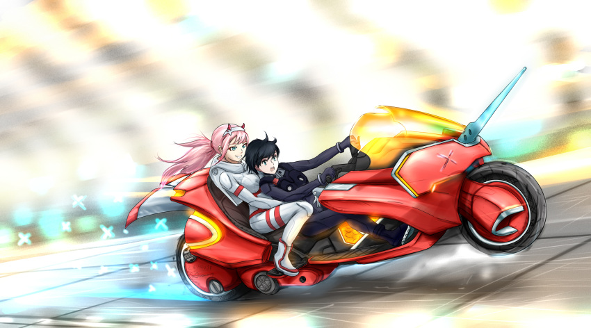 1boy 1girl akira anomonny aqua_eyes black_bodysuit bodysuit commentary darling_in_the_franxx driving ground_vehicle hairband highres hiro_(himegoto) horns hug hug_from_behind long_hair motor_vehicle motorcycle open_mouth pink_hair ponytail smile white_bodysuit white_hairband zero_two_(darling_in_the_franxx)