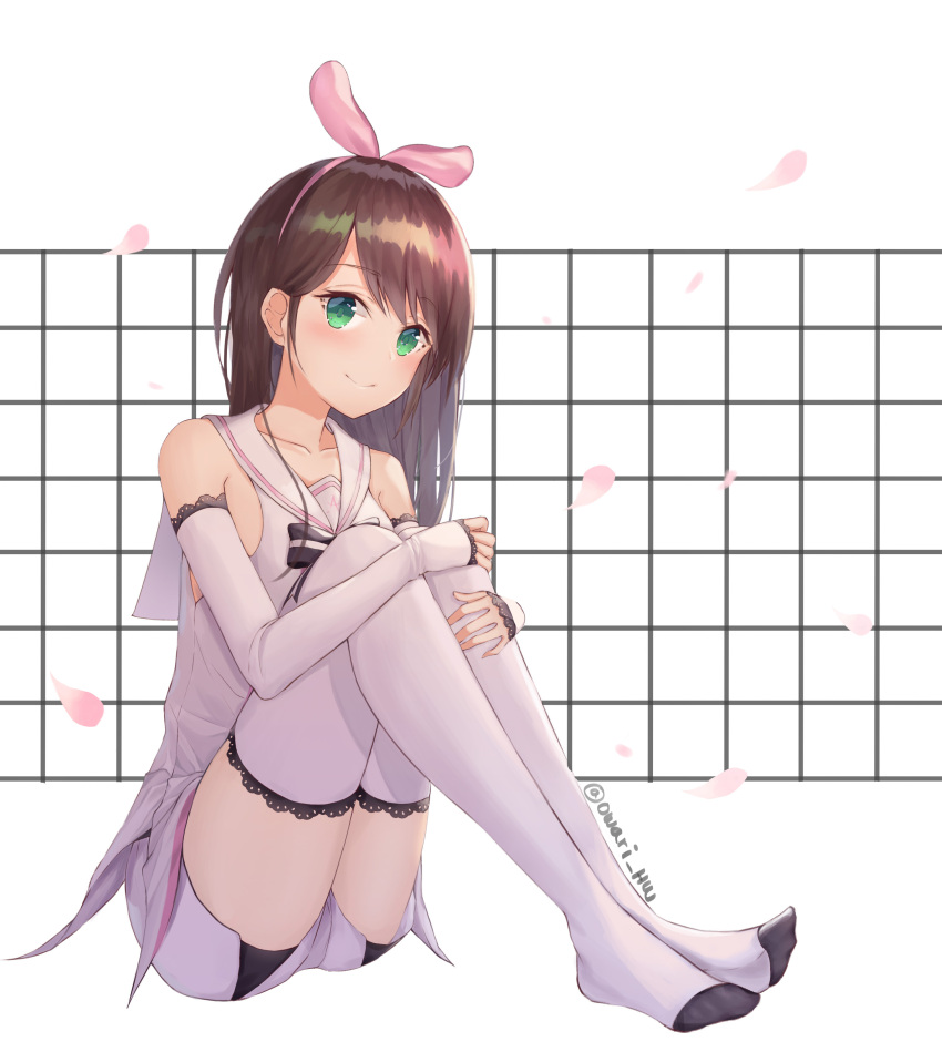 1girl a.i._channel absurdres blush bow brown_hair detached_sleeves full_body green_eyes hairband highres kizuna_ai looking_at_viewer no_shoes owari_(niconeko94) petals pink_bow pink_ribbon ribbon shorts sitting smile thigh-highs virtual_youtuber white_legwear