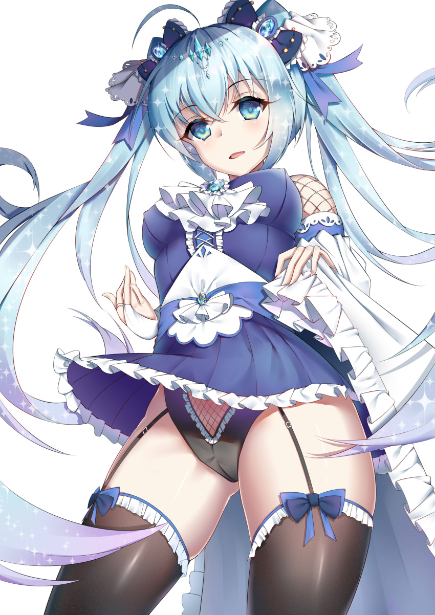 1girl absurdres ahoge bridal_gauntlets cowboy_shot eyebrows_visible_through_hair garter_straps hatsune_miku highres long_hair looking_at_viewer skirt solo thigh-highs twintails very_long_hair vocaloid white_background yiyu_qing_mang