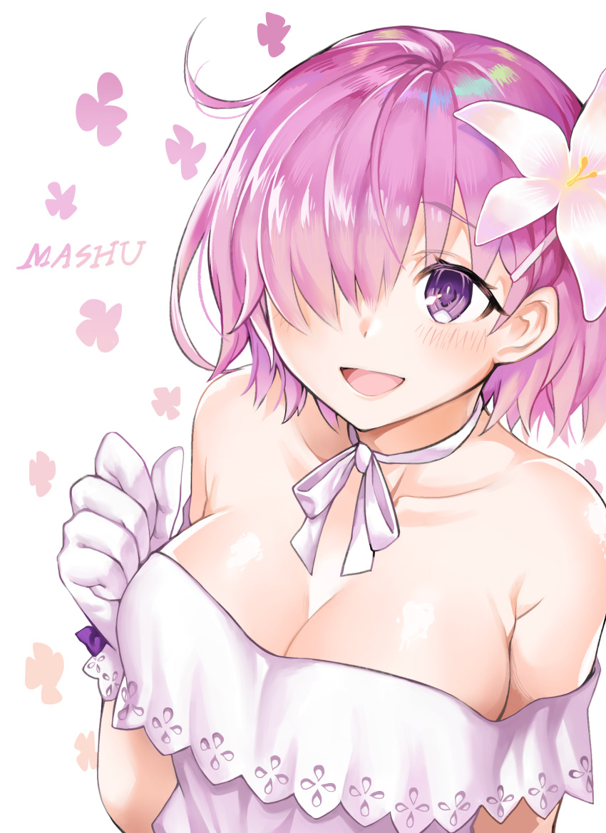 1girl bangs bare_shoulders blush bow breasts character_name cleavage collarbone commentary_request cpqm dress eyebrows_visible_through_hair fate/grand_order fate_(series) flower gloves hair_flower hair_ornament hair_over_one_eye hand_up highres large_breasts looking_at_viewer mash_kyrielight off-shoulder_dress off_shoulder pink_hair ribbon solo violet_eyes white_background white_bow white_dress white_flower white_gloves white_ribbon