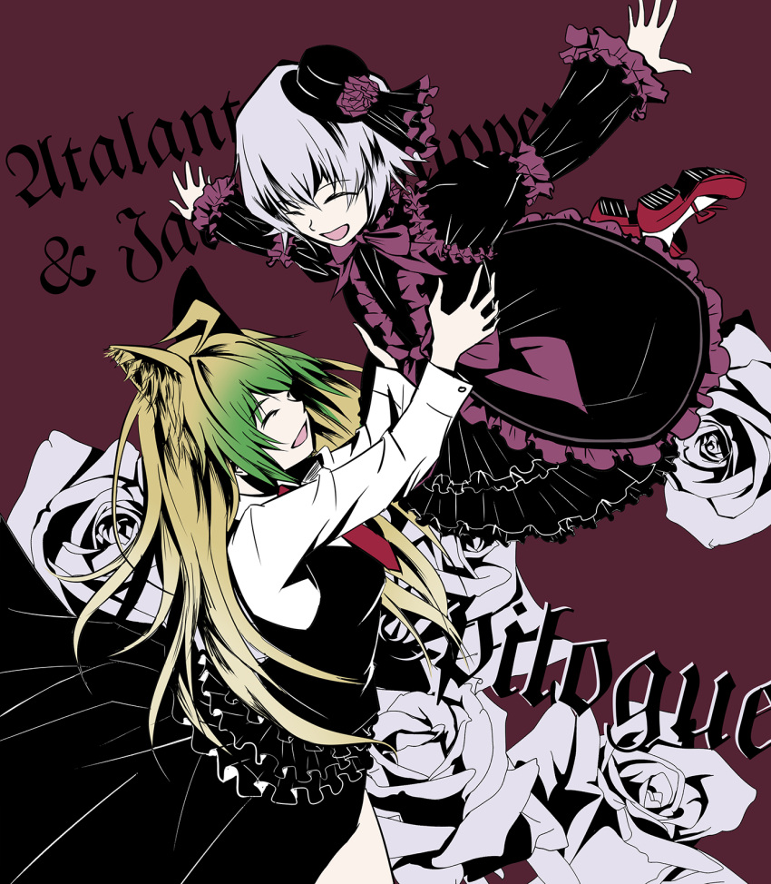 2girls alternate_costume animal_ears atalanta_(fate) black_dress black_hat blonde_hair cat_ears character_name dress english fate/apocrypha fate_(series) frilled_dress frills gradient_hair green_hair grey_hair hat highres jack_the_ripper_(fate/apocrypha) long_hair long_sleeves mini_hat multicolored_hair multiple_girls open_mouth outstretched_arms short_hair smile tsushima_touko