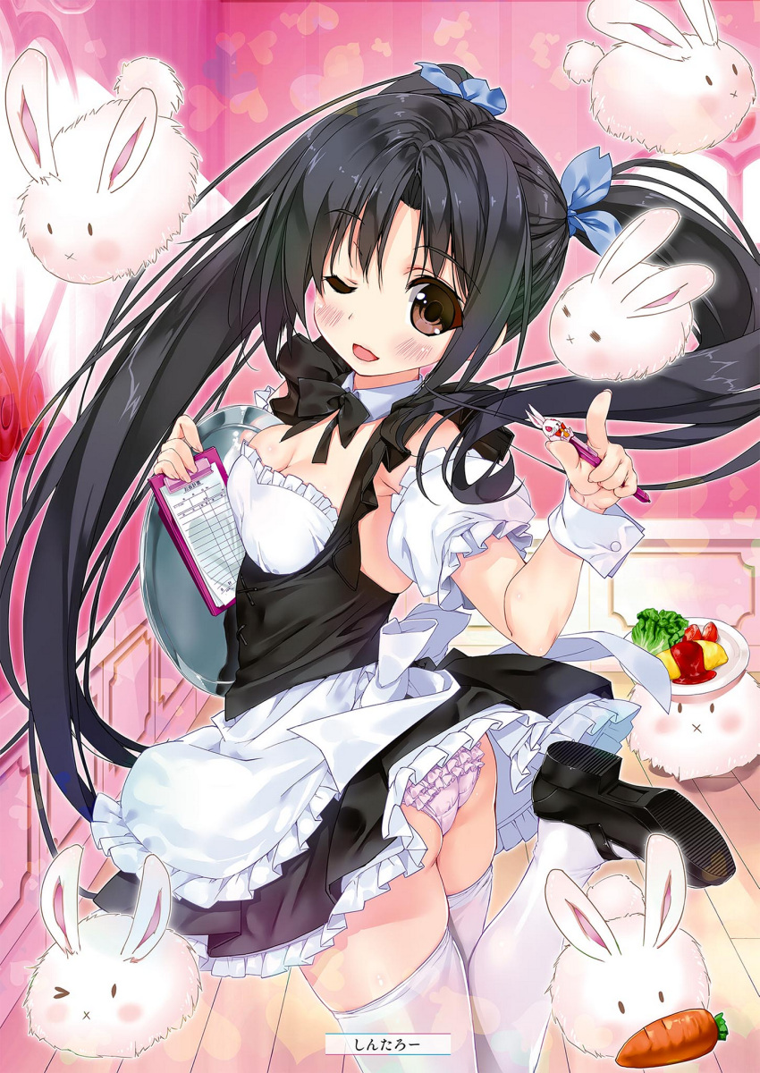 1girl ;d alice_or_alice apron arm_strap artist_name ass black_bow black_footwear black_hair black_neckwear black_skirt blue_ribbon bow bowtie breasts brown_eyes choker cleavage cowboy_shot floating_hair frilled_apron frilled_panties frilled_skirt frills hair_ribbon head_tilt highres holding indoors kisaki_(alice_or_alice) long_hair looking_at_viewer mary_janes medium_breasts miniskirt one_eye_closed one_leg_raised open_mouth panties rabbit ribbon shintarou shoes skirt smile solo standing standing_on_one_leg thigh-highs twintails underwear very_long_hair white_apron white_legwear white_panties wooden_floor wrist_cuffs
