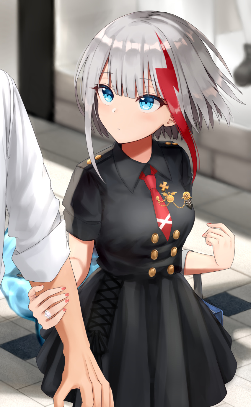 1boy 1girl admiral_graf_spee_(azur_lane) azur_lane bag bangs black_dress blue_eyes blush breasts buttons collared_dress commentary_request day dress eyebrows_visible_through_hair hand_on_another's_arm highres holding_bag jewelry kinokorec looking_at_another medal multicolored_hair nail_polish necktie outdoors red_nails redhead ring scarf short_hair short_sleeves sidelocks silver_hair sleeves_rolled_up small_breasts streaked_hair wedding_ring