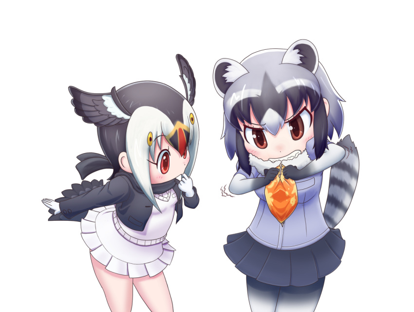 2girls animal_ears atlantic_puffin_(kemono_friends) bare_legs bird_tail bird_wings black_hair blonde_hair blush breast_pocket chips clenched_teeth common_raccoon_(kemono_friends) depaken elbow_gloves extra_ears eyebrows_visible_through_hair finger_in_mouth food fur_collar gloves grey_hair head_wings jacket japari_chips kemono_friends multicolored_hair multiple_girls necktie pantyhose pleated_skirt pocket puffy_short_sleeves puffy_sleeves raccoon_ears raccoon_tail redhead scarf short_hair short_sleeves skirt struggling sweater tail teeth white_hair wings