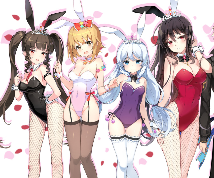 4girls ahoge animal_ears bangs bare_shoulders black_hair black_legwear black_leotard blonde_hair blue_eyes breasts brown_eyes bunny_tail bunnysuit chamchami covered_navel detached_collar eyebrows_visible_through_hair fake_animal_ears fake_tail fishnet_legwear fishnet_pantyhose fishnets garter_straps gloves hand_on_hip haru_estia iris_yuma large_breasts leotard lily_bloomerchen lingerie long_hair looking_at_viewer medium_breasts multiple_girls pantyhose pink_leotard purple_leotard rabbit_ears red_eyes red_legwear shiny shiny_skin short_hair sidelocks silver_hair simple_background small_breasts smile soul_worker standing stella_unibell strapless strapless_leotard tail thigh-highs thigh_gap tiara tied_hair twintails underwear very_long_hair white_background white_gloves white_legwear wrist_cuffs yellow_eyes