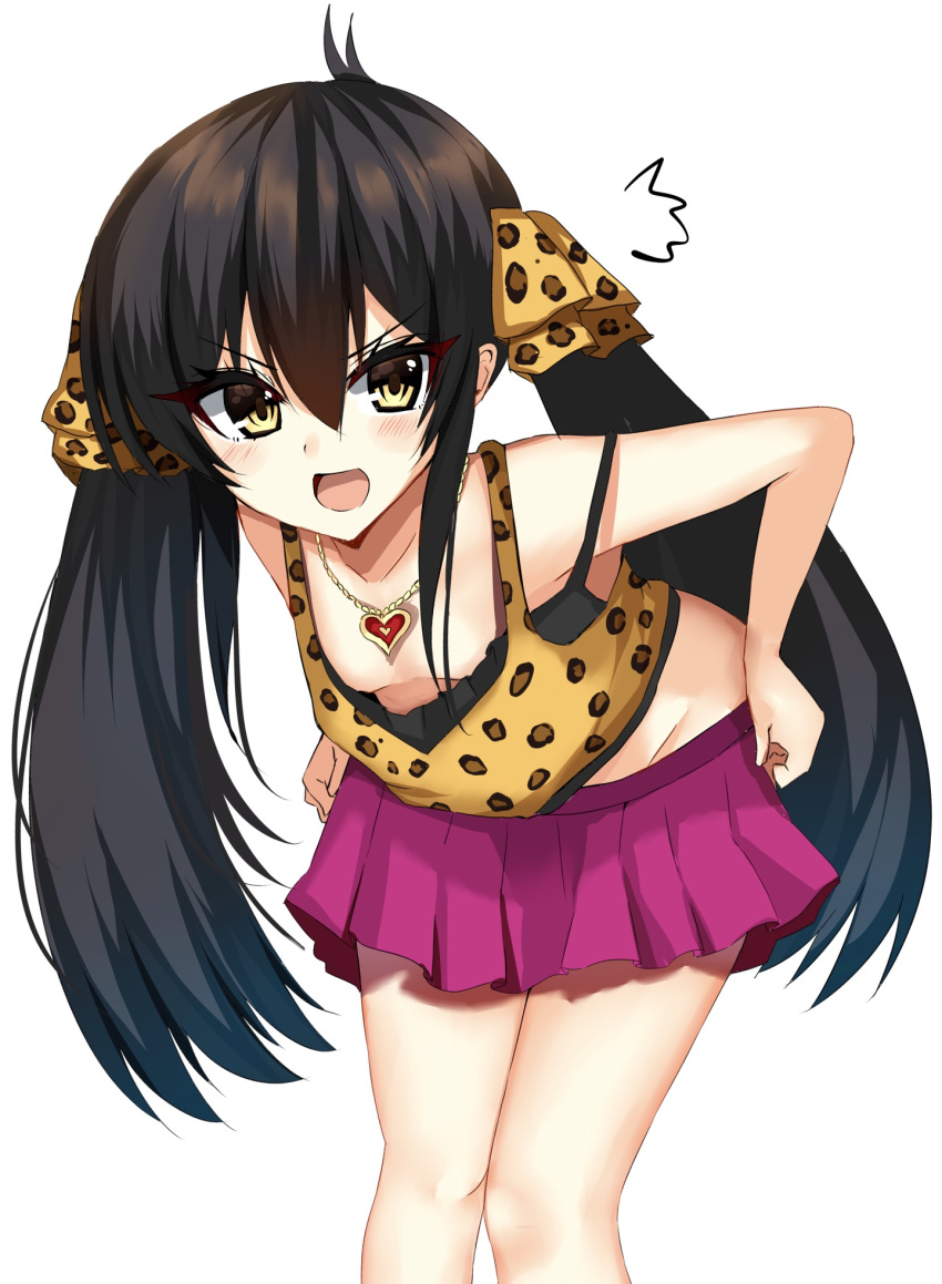 1girl :d animal_print bangs bare_shoulders black_hair blush breasts brown_camisole brown_eyes camisole collarbone downblouse eyebrows_visible_through_hair groin hair_between_eyes hair_ribbon heart heart_necklace highres idolmaster idolmaster_cinderella_girls leaning_forward leopard_print long_hair matoba_risa open_mouth pink_skirt pleated_skirt print_camisole print_ribbon pulled_by_self ribbon ricroot simple_background skirt skirt_pull small_breasts smile solo twintails very_long_hair white_background