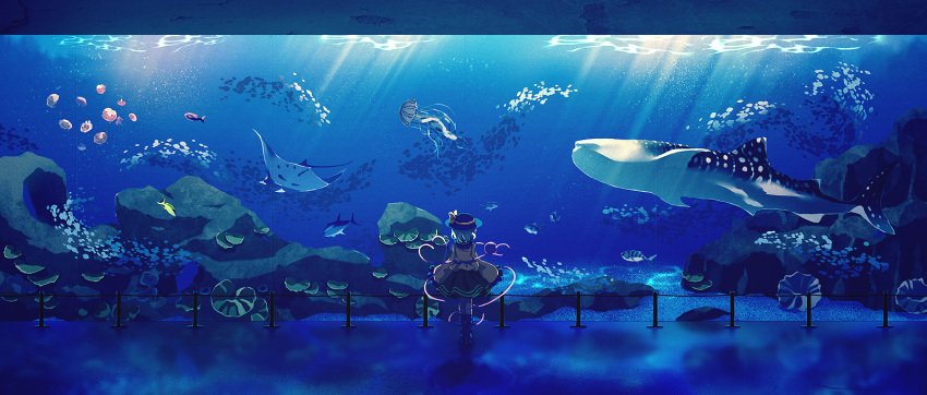 1girl aqua_hair aquarium arms_at_sides boots commentary_request dise fish frilled_sleeves frills from_behind full_body green_skirt hat hat_ribbon heart heart_of_string highres indoors jellyfish knee_boots komeiji_koishi manta_ray reflective_floor ribbon rock sand shirt short_hair skirt sleeves_past_fingers sleeves_past_wrists solo stanchion standing third_eye touhou whale_shark wide_sleeves yellow_ribbon yellow_shirt