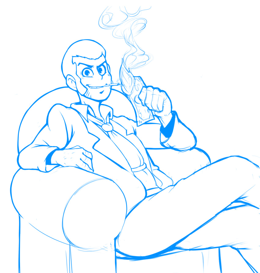 1boy armchair arsene_lupin_iii chair cigarette drawfag fire flame formal grin highres legs_crossed lineart looking_at_viewer lupin_iii male_focus money necktie sideburns sitting smile smoke solo suit
