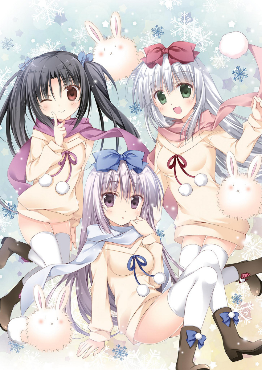 3girls :d ;) airi_(alice_or_alice) alice_or_alice black_hair blue_bow blue_ribbon blue_scarf blush boots bow breasts brown_eyes brown_footwear cleavage eyebrows_visible_through_hair floating_hair green_eyes hair_between_eyes hair_bow hair_ribbon highres index_finger_raised kisaki_(alice_or_alice) korie_riko long_hair medium_breasts multiple_girls naked_sweater one_eye_closed open_mouth pink_scarf rabbit red_bow red_eyes ribbon rise_(alice_or_alice) scarf shoe_bow shoes silver_hair smile sweater thigh-highs very_long_hair white_legwear yellow_sweater zettai_ryouiki