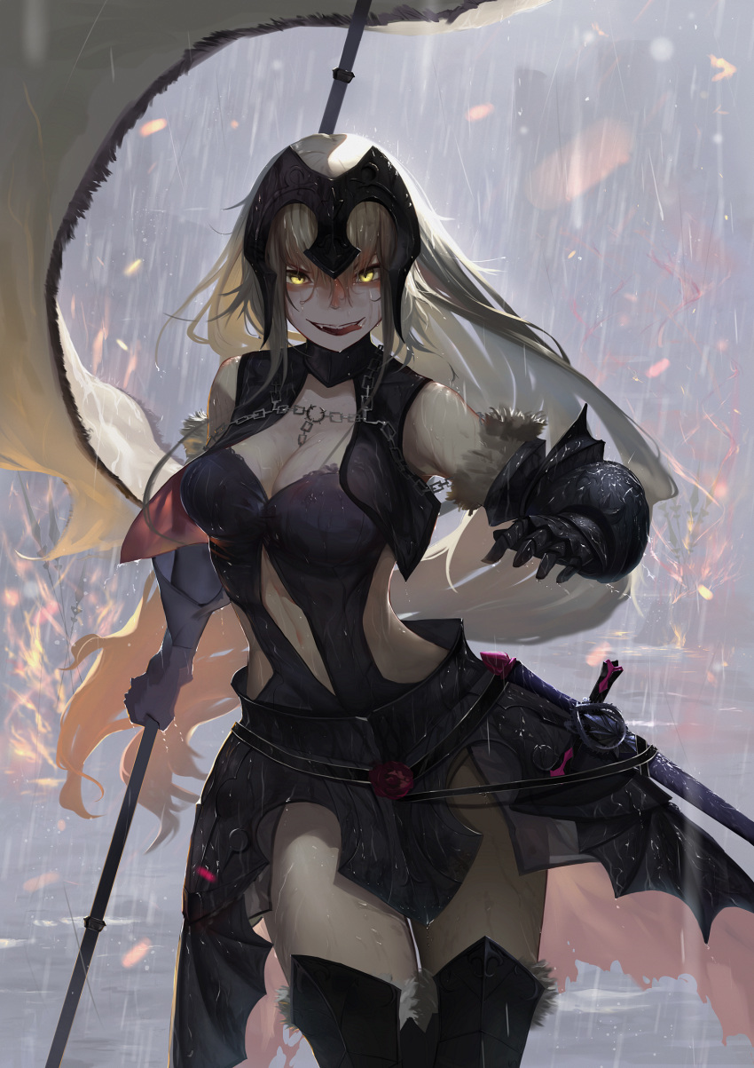 1girl absurdres bangs banner black_footwear blonde_hair boots breasts cleavage dress fate/apocrypha fate_(series) faulds fire fur-trimmed_boots fur_trim gauntlets headpiece highres holding isaka_wasabi jeanne_d'arc_(alter)_(fate) jeanne_d'arc_(fate)_(all) large_breasts licking_lips long_hair looking_at_viewer midriff navel navel_cutout open_mouth outdoors purple_dress rain revealing_clothes sheath sheathed sleeveless sleeveless_dress solo standing sword thigh-highs thigh_boots tongue tongue_out upper_teeth v-shaped_eyebrows very_long_hair water water_drop weapon wet yellow_eyes