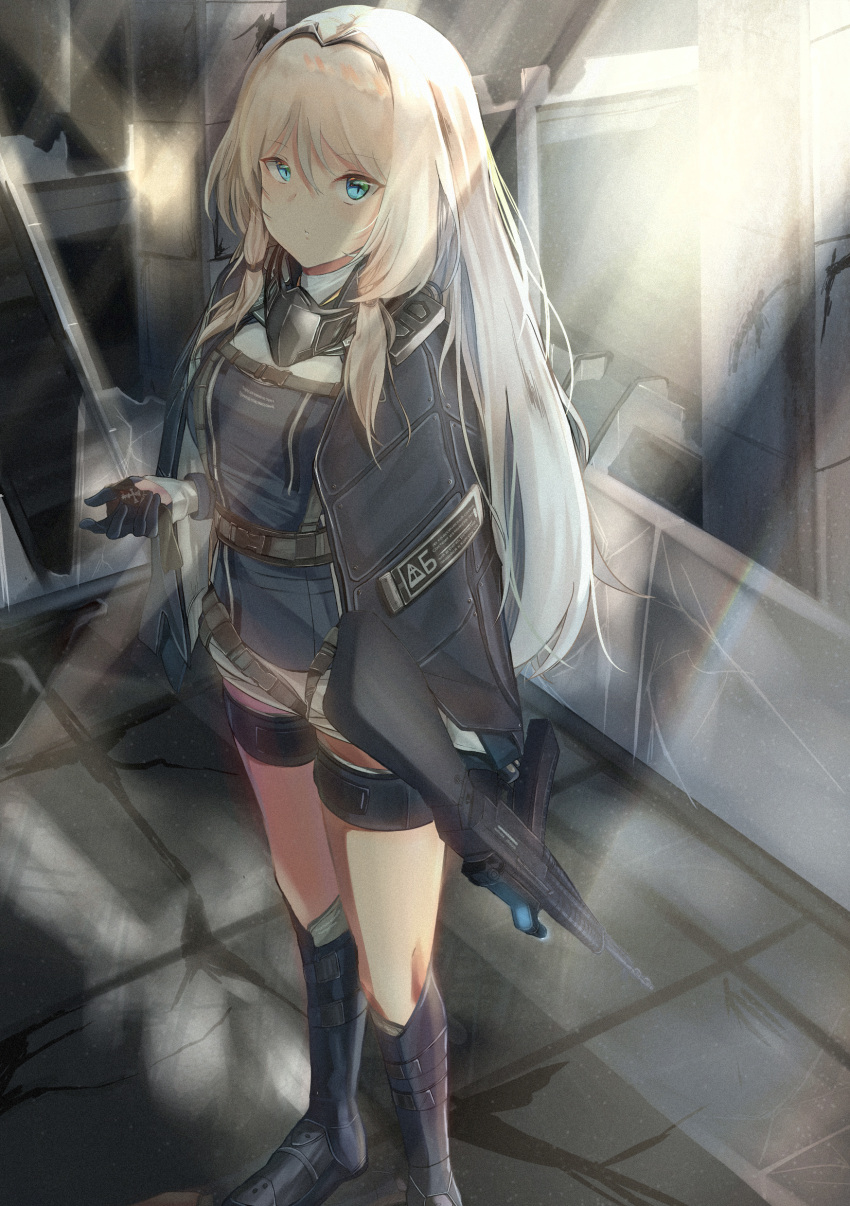 1girl absurdres an-94 an-94_(girls_frontline) assault_rifle bangs black_gloves blonde_hair blue_eyes blush boots braid breasts broken_glass buckle cloak closed_mouth eyebrows_visible_through_hair girls_frontline glass gloves gun hair_between_eyes hair_ribbon hairband highres holding jacket knee_boots light_rays long_hair long_sleeves looking_at_viewer multiple_straps parted_lips ribbon rifle ruins septet_(zrca_janne) shattered short_shorts shorts sidelocks silver_hair tactical_clothes thigh_strap thighs tress_ribbon weapon