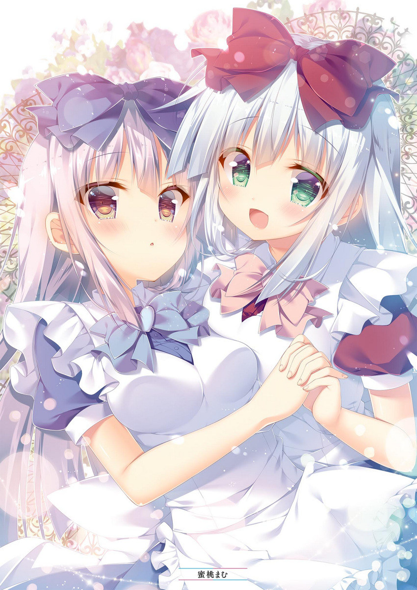 2girls :d airi_(alice_or_alice) alice_or_alice apron artist_name blue_bow blue_neckwear blue_shirt blue_skirt blush bow brown_eyes dress_shirt eyebrows_visible_through_hair green_eyes hair_between_eyes hair_bow hand_holding highres interlocked_fingers long_hair mitsumomo_mamu multiple_girls open_mouth parted_lips pink_neckwear red_bow red_shirt rise_(alice_or_alice) shirt short_sleeves silver_hair skirt smile white_apron