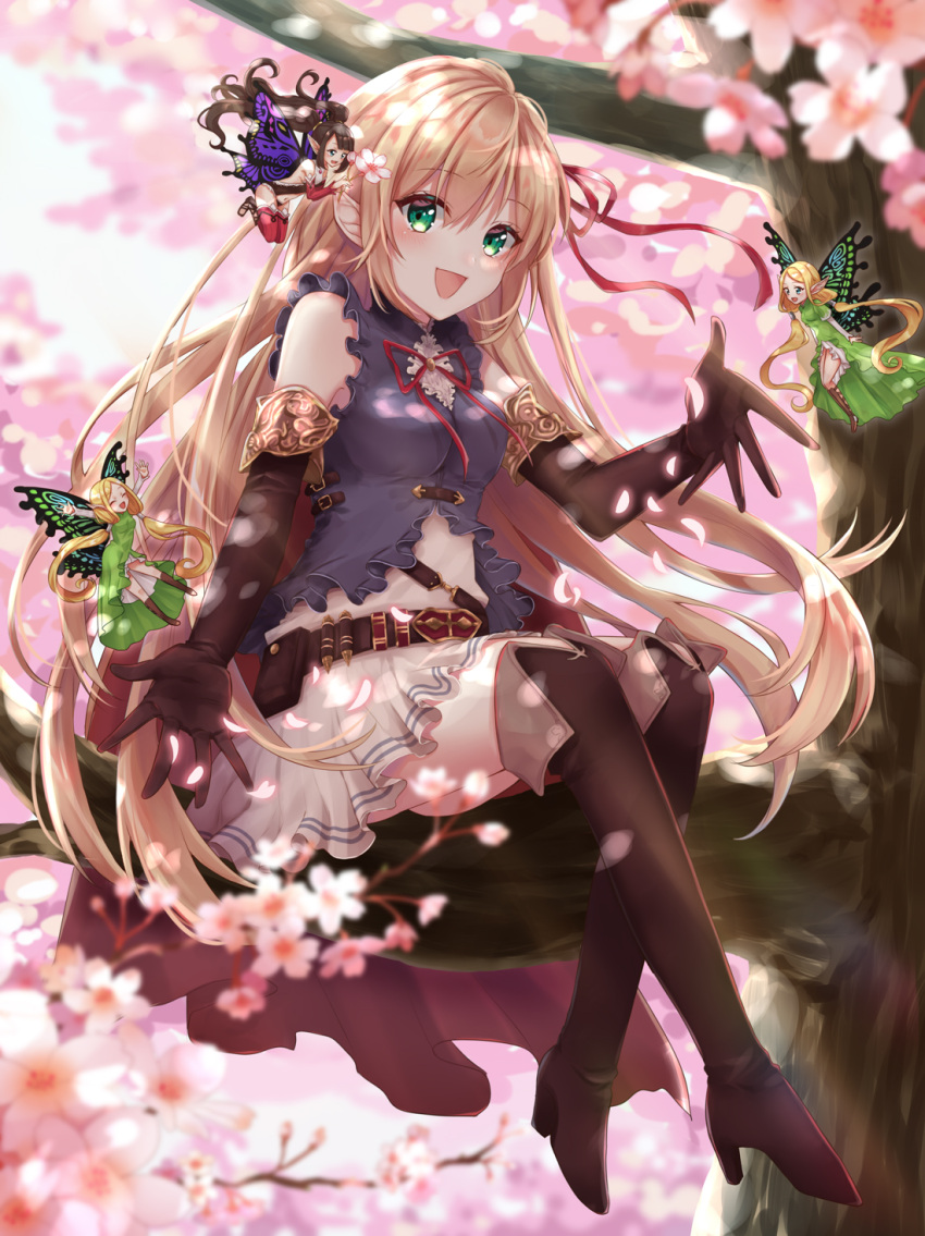 4girls :d arisa_(shadowverse) belt belt_pouch brown_footwear brown_legwear butterfly_wings cherry_blossoms day dress elbow_gloves fairy flower gloves green_dress green_eyes hair_flower hair_ornament hair_ribbon high_heels highres in_tree kneehighs long_hair multiple_girls nazuna_shizuku open_mouth outdoors pointy_ears red_legwear red_ribbon ribbon shadowverse sitting sitting_in_tree skirt smile tree very_long_hair white_skirt wings