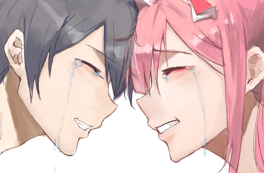 1boy 1girl absurdres black_hair closed_eyes couple crying darling_in_the_franxx face-to-face highres hiro_(darling_in_the_franxx) horns liudaohai6001 long_hair pink_hair short_hair zero_two_(darling_in_the_franxx)