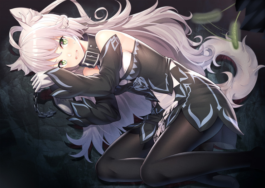 1girl afterimage ahoge animal_ears arms_up atalanta_(alter)_(fate) atalanta_(fate) bangs bare_shoulders black_collar black_dress black_legwear blush braid breasts cat_teaser chains commentary_request detached_sleeves dress eyebrows_visible_through_hair fate/grand_order fate_(series) feet_out_of_frame green_eyes hair_between_eyes long_hair long_sleeves looking_at_viewer lying medium_breasts motion_blur no_shoes nose_blush on_side pantyhose parted_lips ririko_(zhuoyandesailaer) silver_hair sleeveless sleeveless_dress smile solo tail very_long_hair wolf_ears wolf_girl wolf_tail