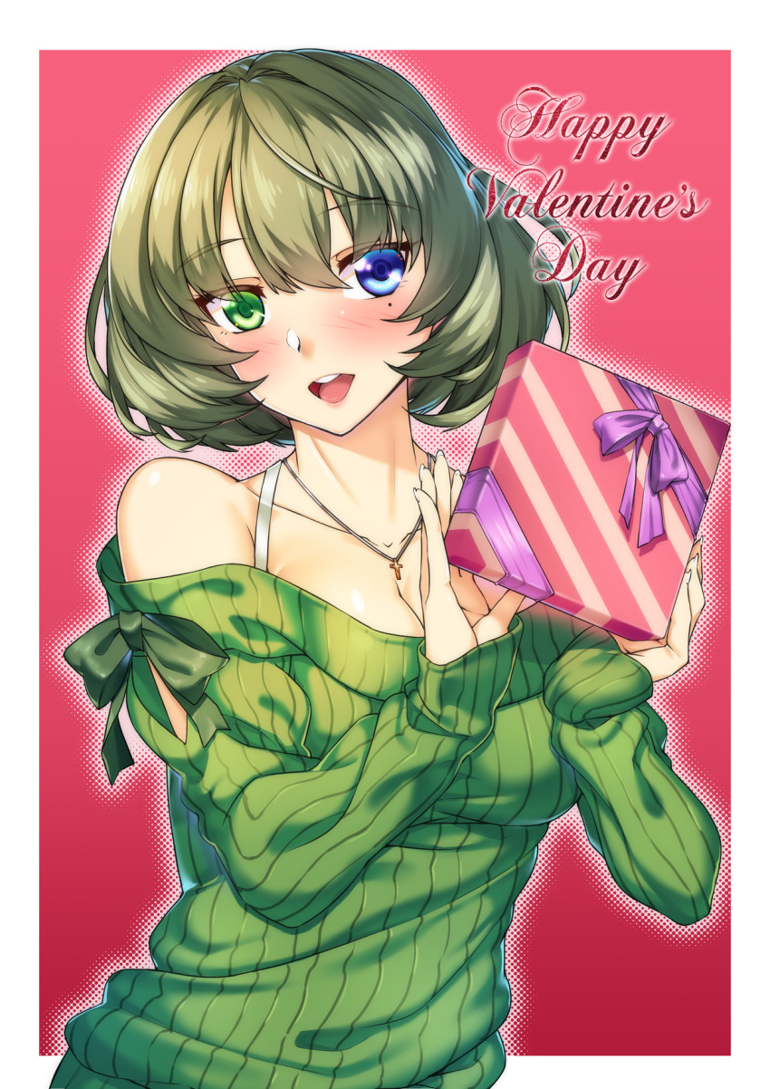 1girl :d blue_eyes blush box bra_strap breasts cleavage commentary_request cross cross_necklace gift gift_box green_eyes green_hair happy_valentine heterochromia highres idolmaster idolmaster_cinderella_girls jewelry merufena mole mole_under_eye necklace off-shoulder_sweater open_mouth ribbed_sweater short_hair smile solo sweater takagaki_kaede valentine