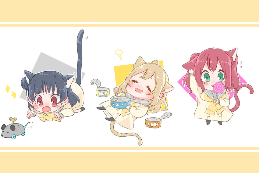 15kasikaze15 3girls :d :o =3 animal_ears arm_up bangs black_legwear blue_hair blush bow bowtie brown_hair can candy cat_ears cat_food cat_tail chibi closed_eyes double-breasted fang flying_sweatdrops food food_on_face green_eyes highres holding_lollipop kemonomimi_mode kunikida_hanamaru kurosawa_dia letterboxed lollipop long_sleeves looking_at_viewer love_live! love_live!_sunshine!! lying multiple_girls on_back open_mouth red_eyes redhead school_uniform serafuku side_bun smile tail tail_raised toy_mouse tsushima_yoshiko two_side_up uranohoshi_school_uniform v-shaped_eyebrows yellow_neckwear