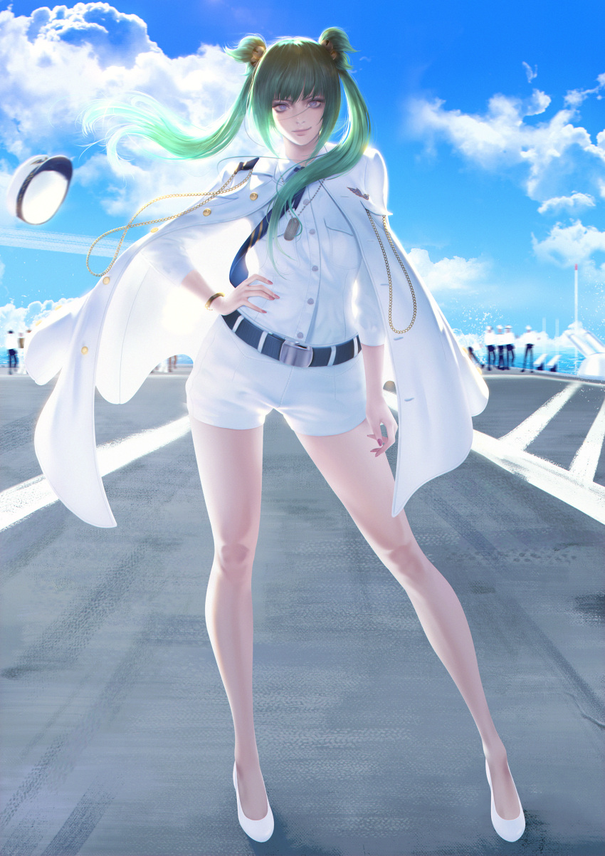 1girl absurdres bare_legs bell belt blue_eyes blue_sky blush breasts commentary commission cui_yifei dog_tags english_commentary fingernails flight_deck full_body green_hair hair_bell hair_ornament hat hat_loss hat_removed headwear_removed high_heels highres jacket_on_shoulders lips long_hair looking_at_viewer medium_breasts military military_hat military_uniform muvluv muvluv_alternative nail_polish necktie outdoors shirt shorts sky smile solo_focus thaumazo twintails two_side_up uniform very_long_hair white_shirt white_shorts wind wind_lift