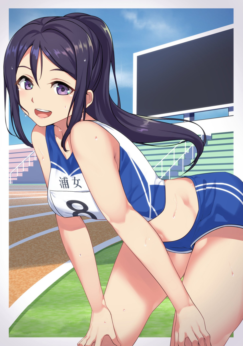 1girl :d bent_over black_hair blue_shorts blue_sky clouds collarbone cowboy_shot crop_top day floating_hair gym_uniform hands_on_own_knees highres long_hair looking_at_viewer love_live! love_live!_sunshine!! matsuura_kanan midriff number open_mouth ponytail short_shorts shorts sky sleeveless smile solo standing stomach sweat uniform violet_eyes yamaori_(yamaorimon)