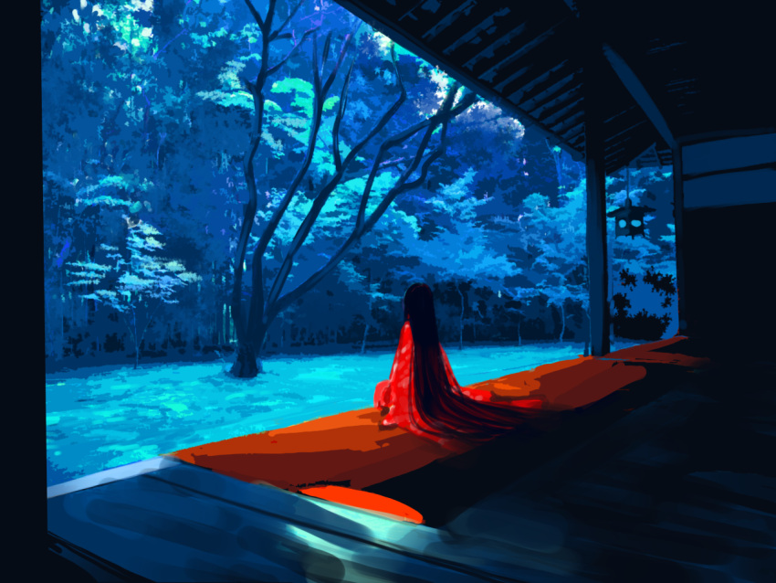 1girl akino_sora facing_away from_side japanese_clothes kimono limited_palette long_hair long_sleeves original outdoors porch red_kimono sitting solo tree very_long_hair