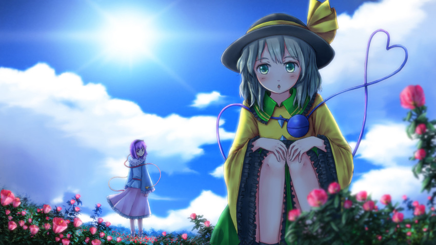 2girls ai_hajime bangs blouse blue_blouse blue_sky blunt_bangs blurry blush clouds day depth_of_field eyebrows_visible_through_hair field flower flower_field frilled_skirt frilled_sleeves frills from_behind green_eyes green_skirt hair_between_eyes hairband hands_on_own_knees hat hat_ribbon heart heart_of_string knees_together komeiji_koishi komeiji_satori lavender_hair long_sleeves looking_at_another looking_back multiple_girls outdoors pink_skirt ribbon short_hair silver_hair skirt sky squatting standing sun third_eye touhou triangle_mouth violet_eyes wind wind_lift yellow_blouse