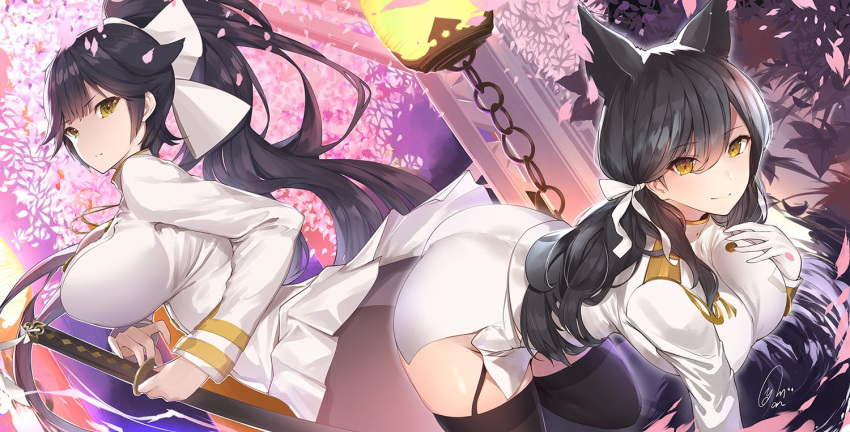 2girls animal_ears architecture atago_(azur_lane) azur_lane black_hair bow breasts brown_eyes cherry_blossoms east_asian_architecture frown garter_straps gloves hair_bow hair_flaps hand_on_own_chest jacket large_breasts long_hair long_sleeves looking_at_viewer military military_uniform multiple_girls naval_uniform pantyhose pleated_skirt ponytail signature skirt smile sword takao_(azur_lane) thigh-highs uniform very_long_hair weapon white_gloves white_jacket white_skirt yaman