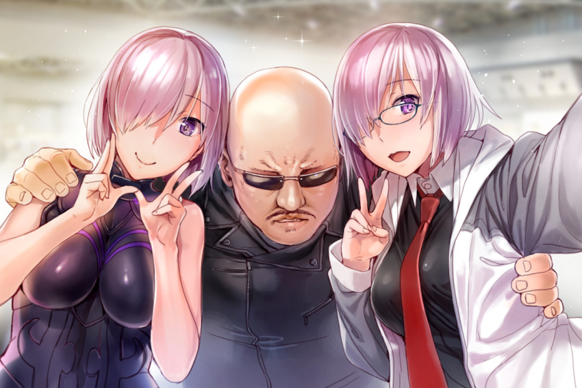 1boy 2girls :d armor armored_dress bald bare_shoulders black-framed_eyewear blurry blurry_background breasts closed_mouth dress dual_persona eyebrows_visible_through_hair eyes_visible_through_hair facial_hair facing_viewer fate/grand_order fate_(series) girl_sandwich glasses hair_over_one_eye hand_on_another's_shoulder hands_up impossible_clothes impossible_dress jacket large_breasts lavender_hair lips long_sleeves mafia_kajita mash_kyrielight medium_breasts multiple_girls mustache necktie nekomata_naomi open_clothes open_jacket open_mouth parted_lips raglan_sleeves real_life red_neckwear sandwiched shiny shiny_hair short_hair smile sparkle sunglasses upper_body v violet_eyes wing_collar