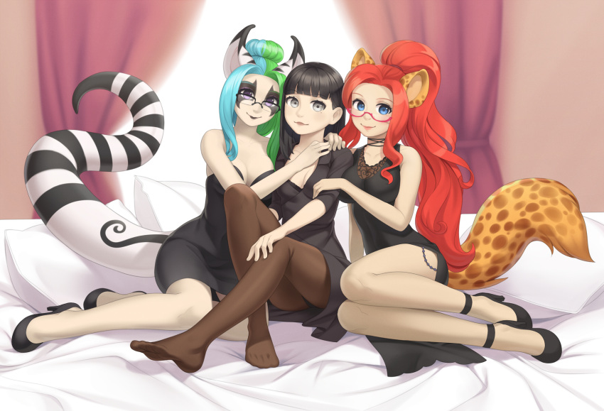 3girls animal_ears animal_request bangs bare_shoulders bed black_footwear black_hair black_lipstick black_panties blue_eyes blue_hair blunt_bangs breasts brown_legwear cleavage commission cristalavi crossover curtains dress eyebrows_visible_through_hair facepaint full_body green_hair grey_eyes hand_on_another's_shoulder high_heels highres hug large_breasts lipstick long_hair makeup medium_breasts mole mole_under_eye multicolored_hair multiple_girls on_bed original panties panties_over_pantyhose pantyhose pantyshot pantyshot_(sitting) pillow pink_lips ponytail redhead shoes short_dress sitting smile strapless strapless_dress tail two-tone_hair underwear very_long_hair violet_eyes yokozuwari