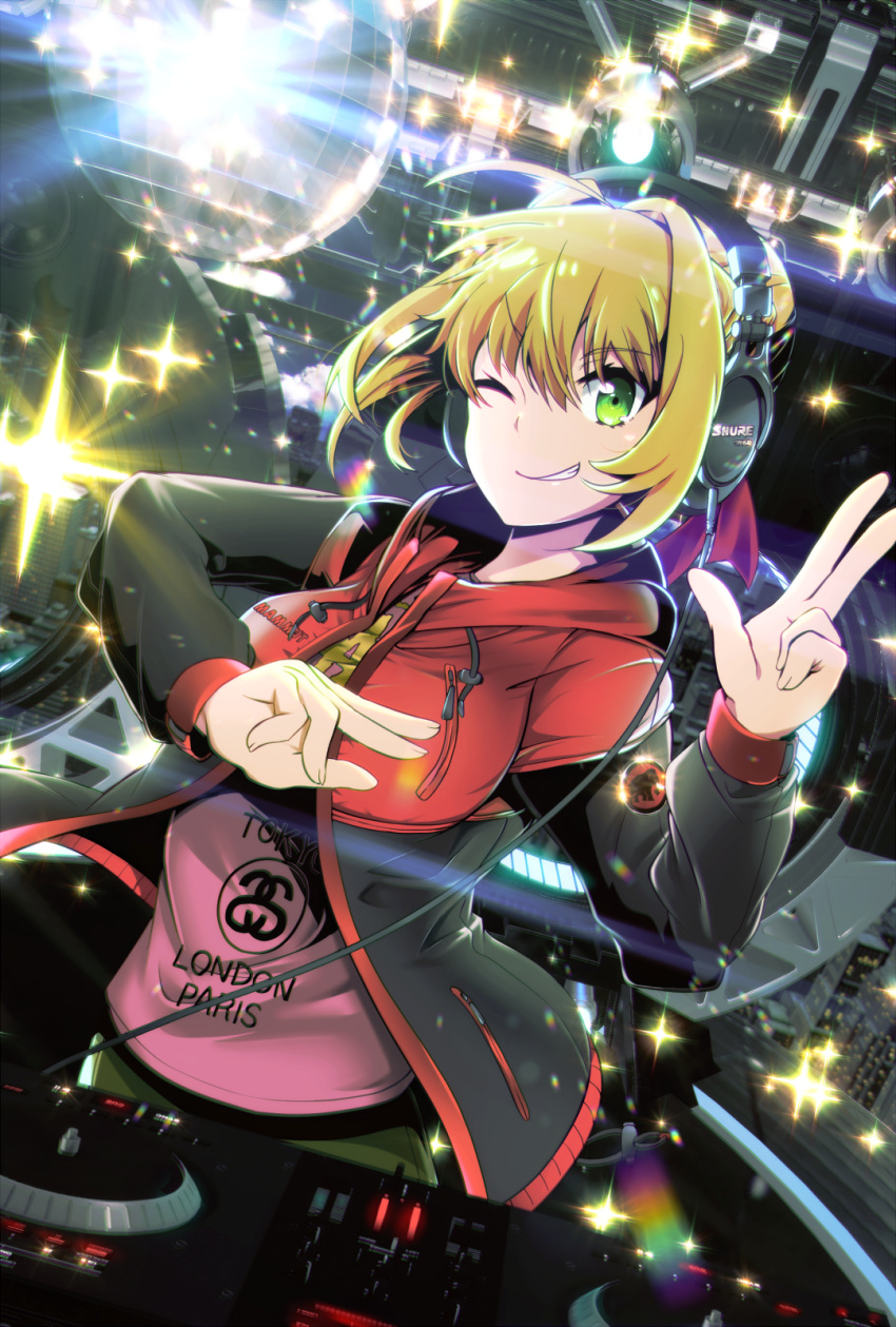 1girl ;) ahoge alternate_costume bangs blonde_hair breasts chromatic_aberration clothes_writing disco_ball eyebrows eyebrows_visible_through_hair fate/extra fate_(series) fingernails green_eyes grin hair_between_eyes hair_bun hair_intakes hair_ribbon headphones highres jacket long_sleeves looking_at_viewer medium_breasts multicolored multicolored_clothes multicolored_jacket nero_claudius_(fate) nero_claudius_(fate)_(all) one_eye_closed open_clothes open_jacket phonograph pink_shirt red_ribbon ribbon shirt short_hair smile solo sparkle teeth tom_(drpow) turntable v