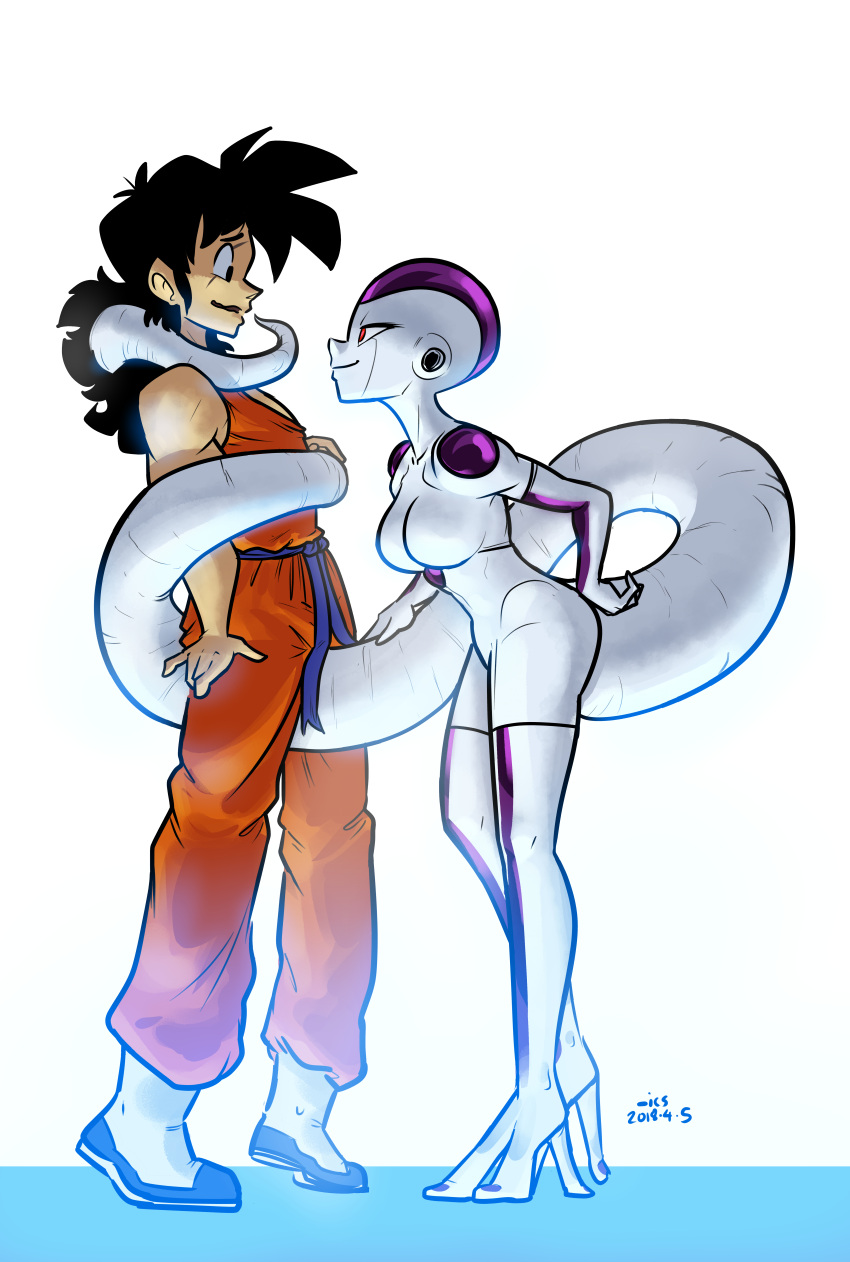 1boy 1girl absurdres alien ankle_boots bald black_hair boots bound breasts commentary crop_top dated dougi dragon_ball dragonball_z elbow_gloves english_commentary frieza from_side genderswap genderswap_(mtf) gloves highres ian_samson long_hair long_tail looking_at_another medium_breasts prehensile_tail purple_skin red_eyes skin_tight smile tail tail_wrap thigh-highs tiptoes two-tone_skin white_skin yamcha you_gonna_get_raped