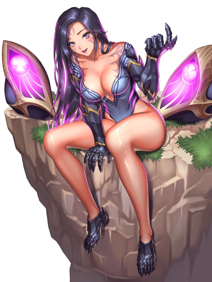 1girl :d bad_leg black_hair blue_eyes breasts cleavage cliff facial_mark gauntlets highres kai'sa league_of_legends long_hair mechanical_arms mechanical_feets medium_breasts multicolored_hair open_mouth purple_hair sitting smile solo tattoo turna98 two-tone_hair