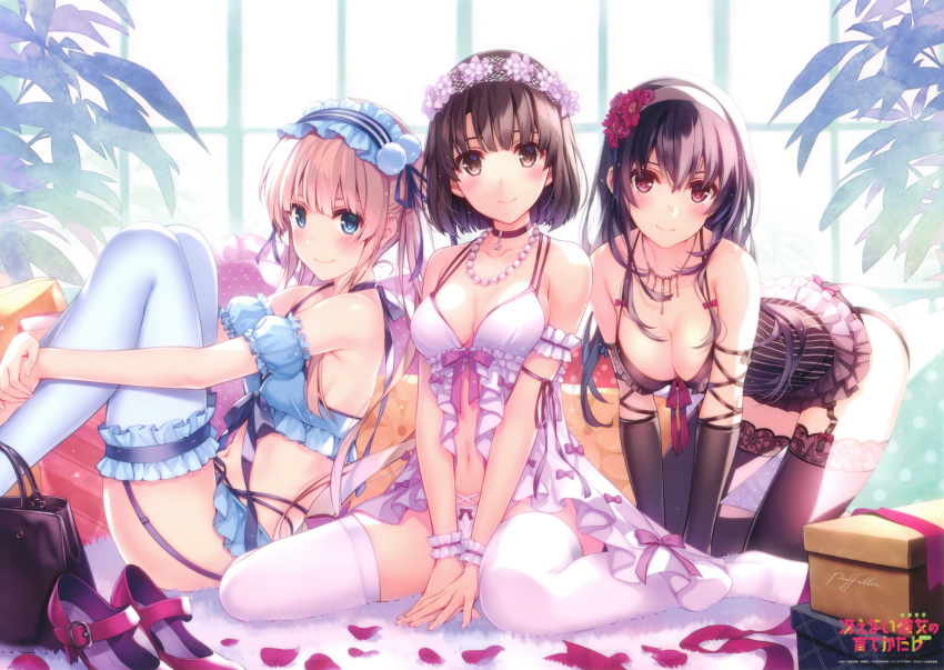 3girls absurdres all_fours babydoll bag bangs black_hair black_legwear blue_eyes breasts brown_hair choker cleavage frilled_legwear garter_straps garters hairband handbag headband high_heels highres huge_filesize jewelry kasumigaoka_utaha katou_megumi lace lace-trimmed_thighhighs lolita_hairband long_hair medium_breasts midriff misaki_kurehito multiple_girls navel necklace no_shoes panties pearl_necklace petals rose_petals saenai_heroine_no_sodatekata sawamura_spencer_eriri shoes_removed short_hair sitting smile thigh-highs twintails underwear wariza white_legwear white_panties window