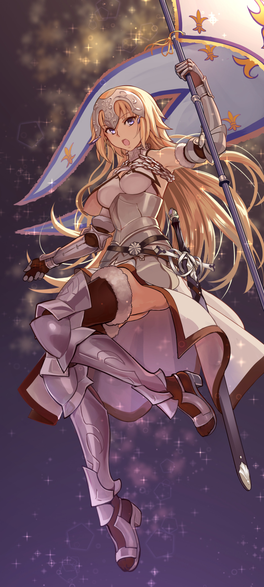 1girl absurdres armor armored_boots armored_dress blonde_hair boots brown_gloves brown_legwear chains fate/grand_order fate_(series) faulds full_body fur-trimmed_legwear fur_trim gauntlets gloves greaves headpiece highres holding jeanne_d'arc_(fate) jeanne_d'arc_(fate)_(all) long_braid long_hair open_mouth plackart sheath solo thigh-highs very_long_hair violet_eyes yewang19