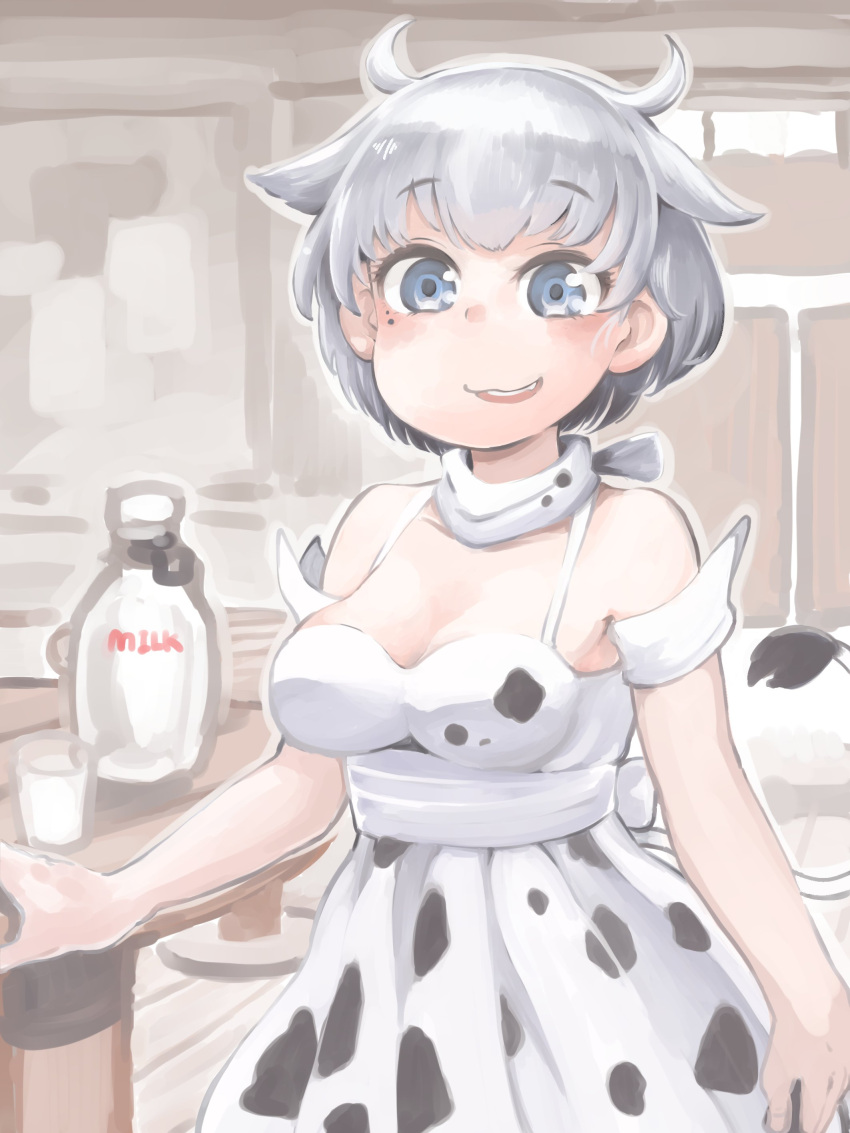 1girl absurdres animal_ears animal_print bangs bare_shoulders bottle breasts cow_ears cow_girl cow_horns cow_print cow_tail dress grey_eyes grey_hair hare_(tetterutei) highres horns large_breasts milk milk_bottle original parted_lips short_hair smile solo standing tail white_dress