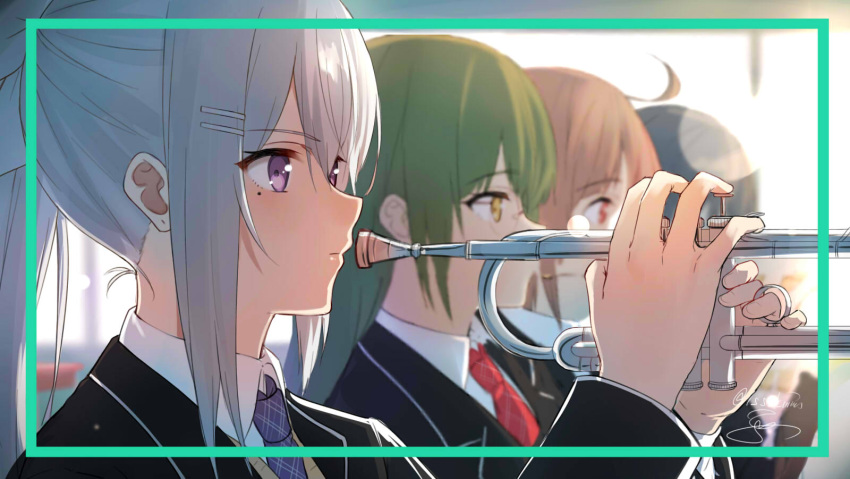 closed_mouth glasses green_hair highres higuchi_kaede holding holding_instrument instrument isshiki_(ffmania7) long_hair mole mole_under_eye multiple_girls necktie nijisanji ponytail purple_neckwear red_neckwear silver_hair trumpet violet_eyes virtual_youtuber